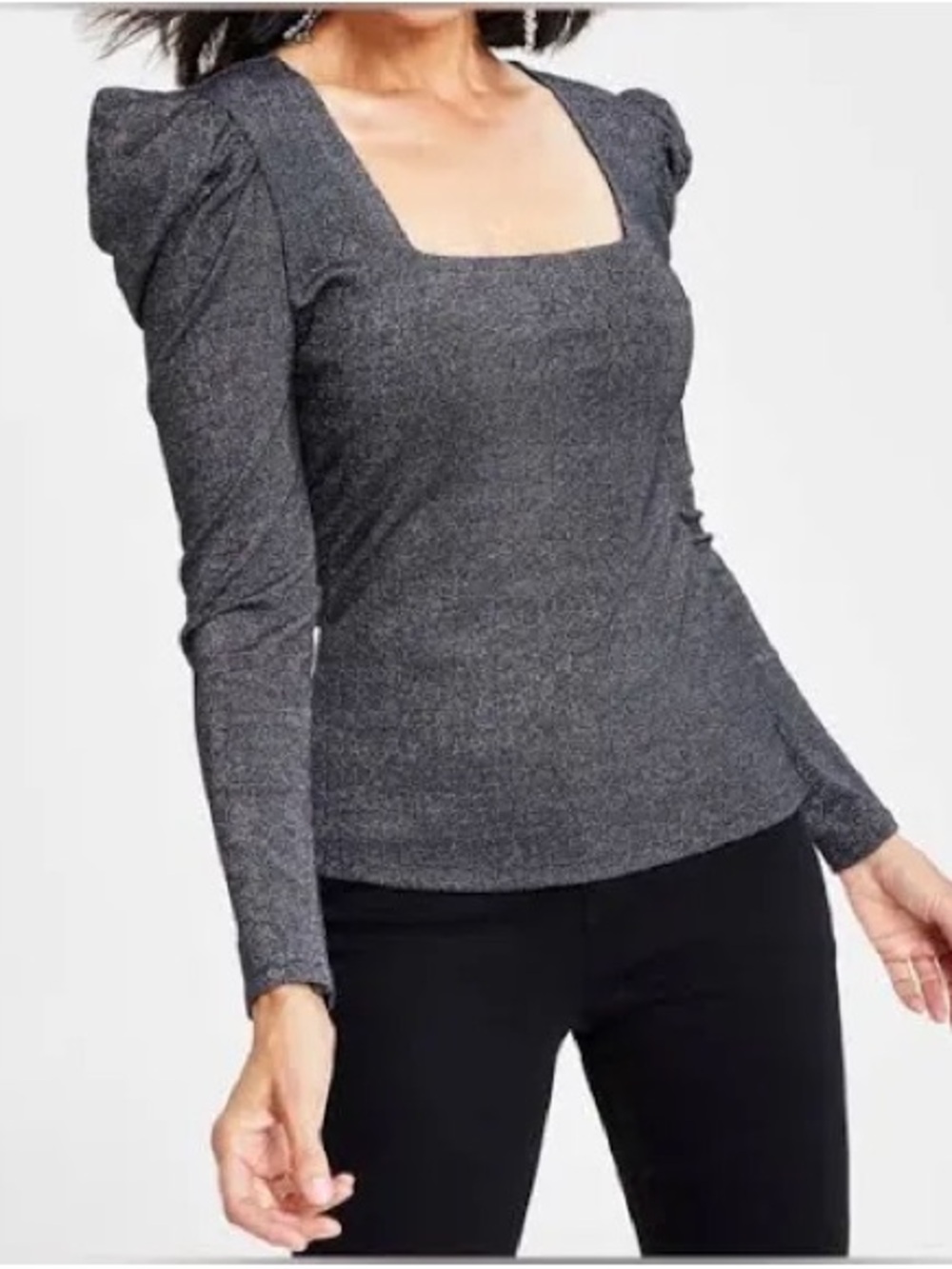 INC Sparkle Square-Neck Puff-Sleeve Top in Charcoal - Picture 2 of 9